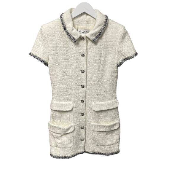 Chanel Spring 2020 White Tweed Short Sleeve Collared Mini Shirt Dress 38 / US 6 - Picture 2 of 11